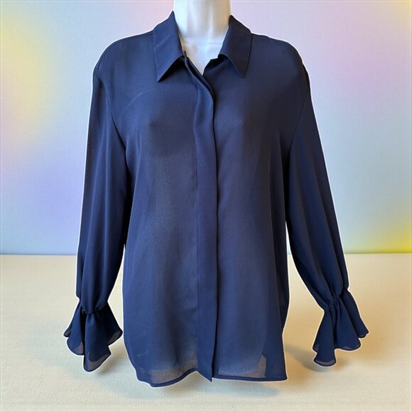 ANNE KLEIN A LINE Vtg USA Blouse Shirt Navy Blue Button Up RUFFLES Womens Medium - Picture 5 of 14